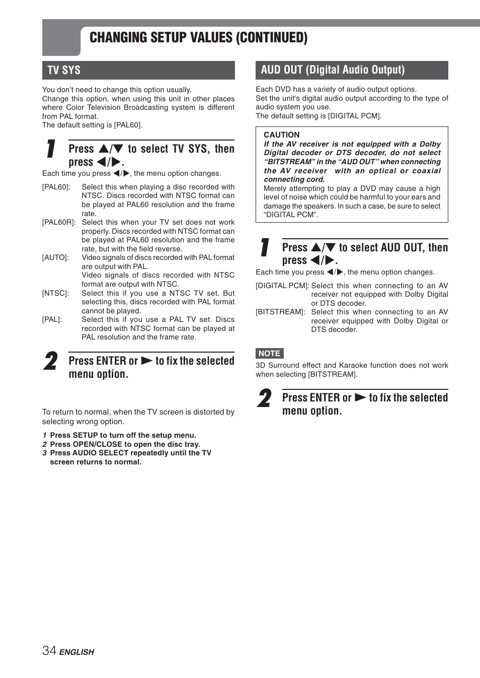 Changing setup values (continued) | Aiwa XD-DV270 User Manual | Page 34 / 39