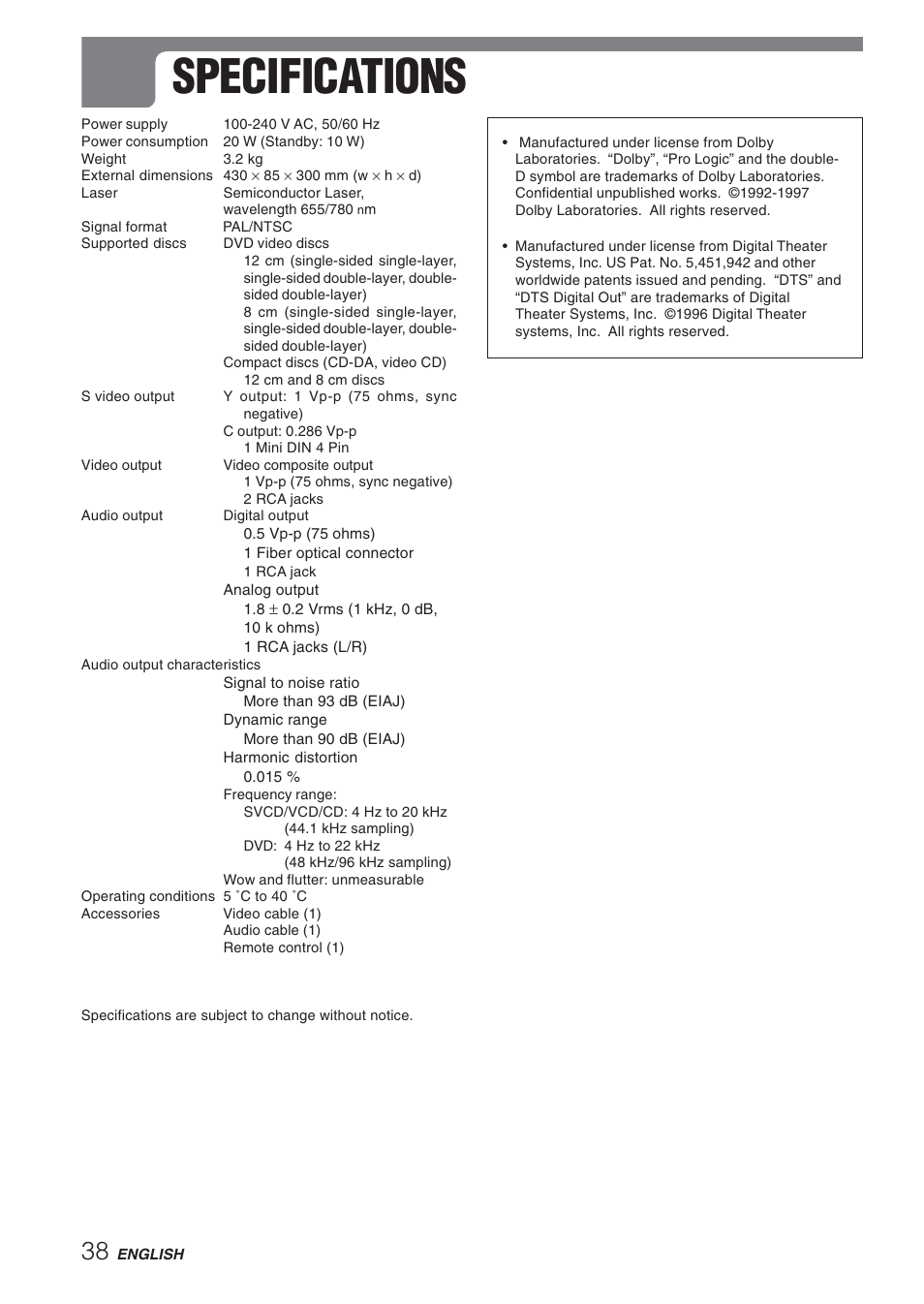 Specifications | Aiwa XD-DV270 User Manual | Page 38 / 39