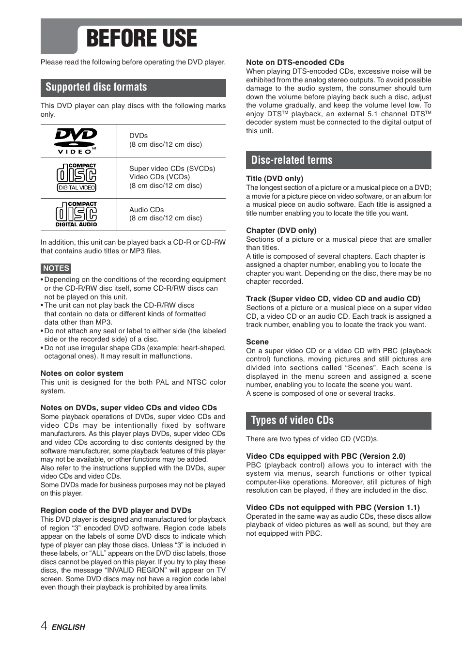 Before use, Supported disc formats, Disc-related terms | Types of video cds | Aiwa XD-DV270 User Manual | Page 4 / 39