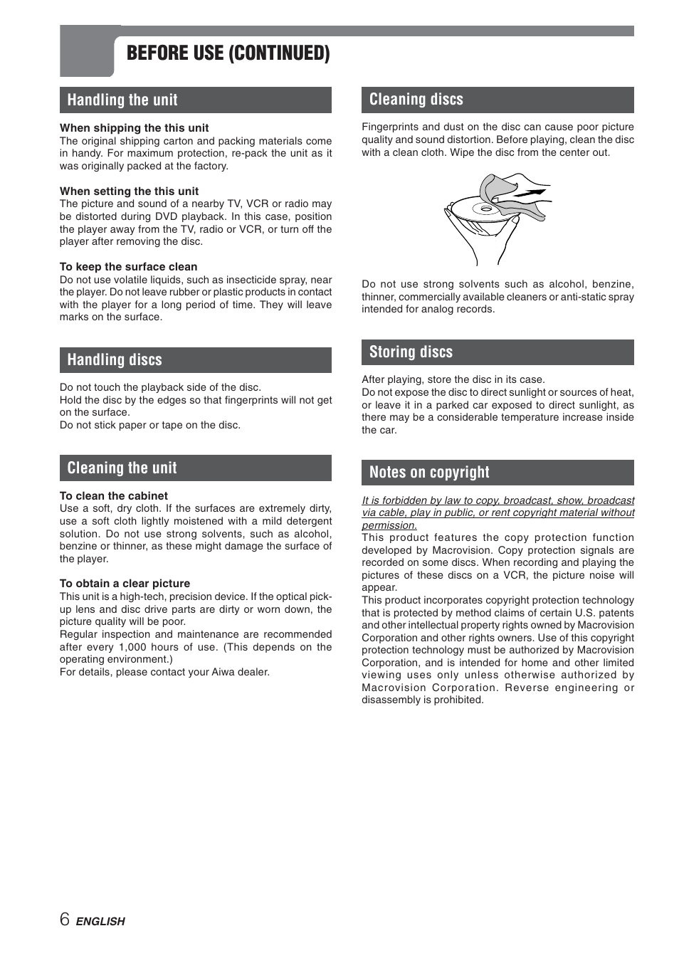 Before use (continued), Handling the unit, Handling discs | Cleaning the unit, Cleaning discs, Storing discs | Aiwa XD-DV270 User Manual | Page 6 / 39