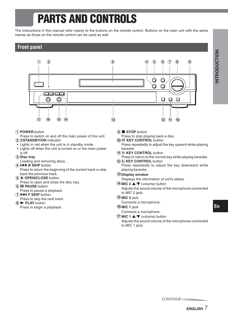 Parts and controls, Front panel | Aiwa XD-DV270 User Manual | Page 7 / 39