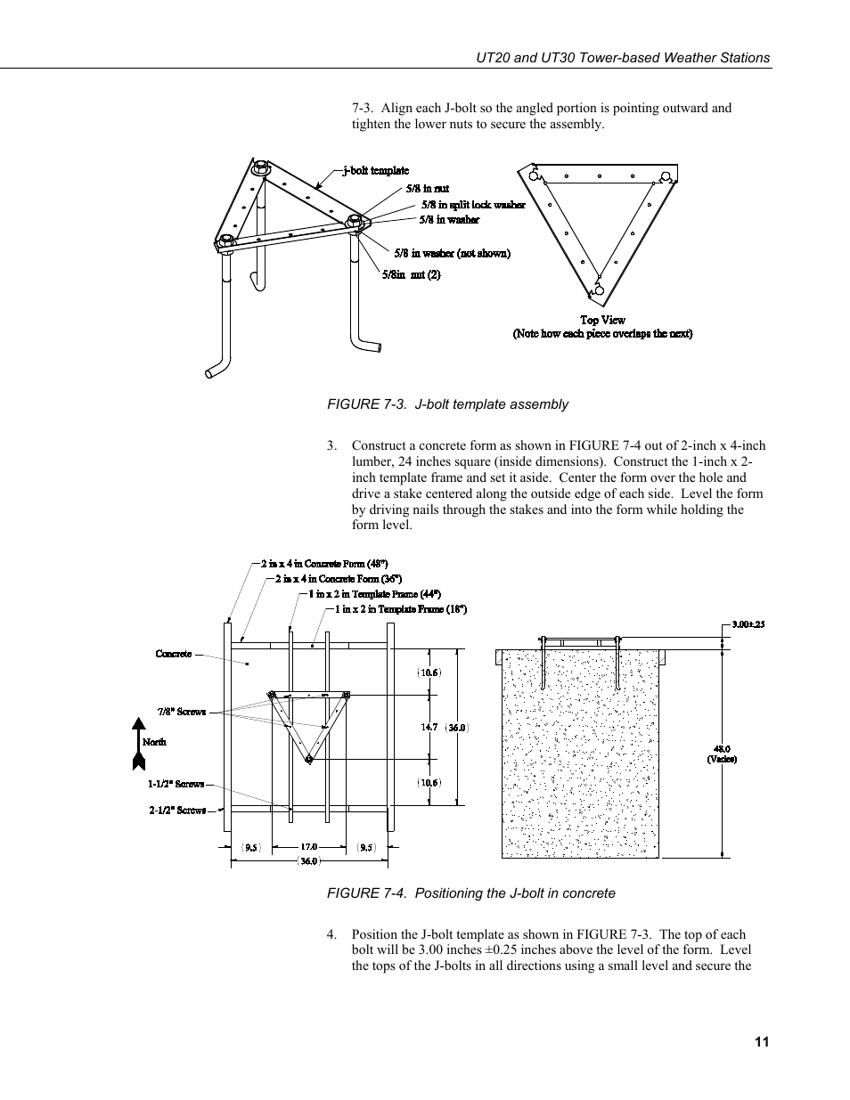 3. j-bolt template assembly, 4. positioning the j-bolt in concrete | Campbell Scientific UT20 and UT30 Tower-based Weather Stations User Manual | Page 21 / 74