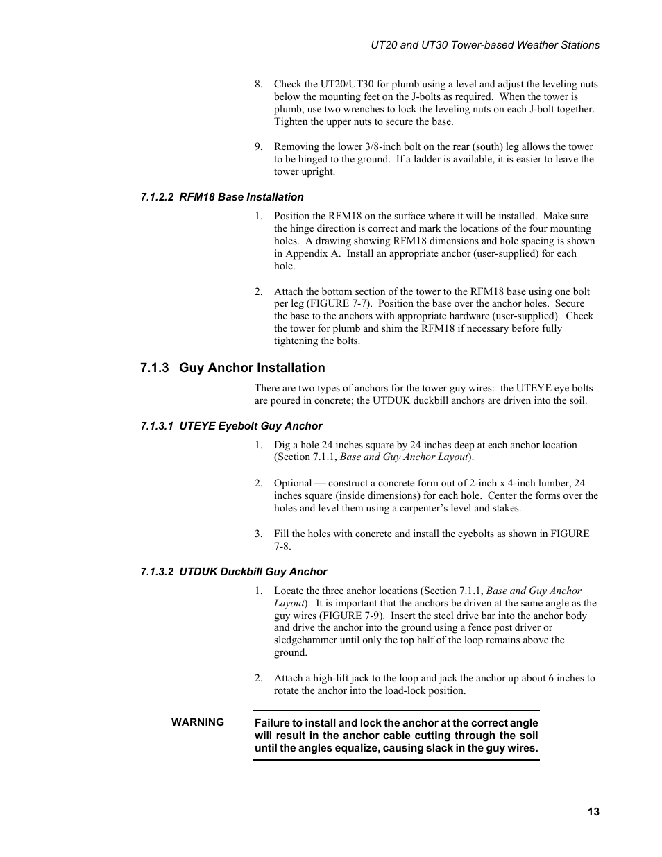 2 rfm18 base installation, 3 guy anchor installation, 1 uteye eyebolt guy anchor | 2 utduk duckbill guy anchor, Rfm18 base installation, Guy anchor installation, Uteye eyebolt guy anchor, Utduk duckbill guy anchor | Campbell Scientific UT20 and UT30 Tower-based Weather Stations User Manual | Page 23 / 74