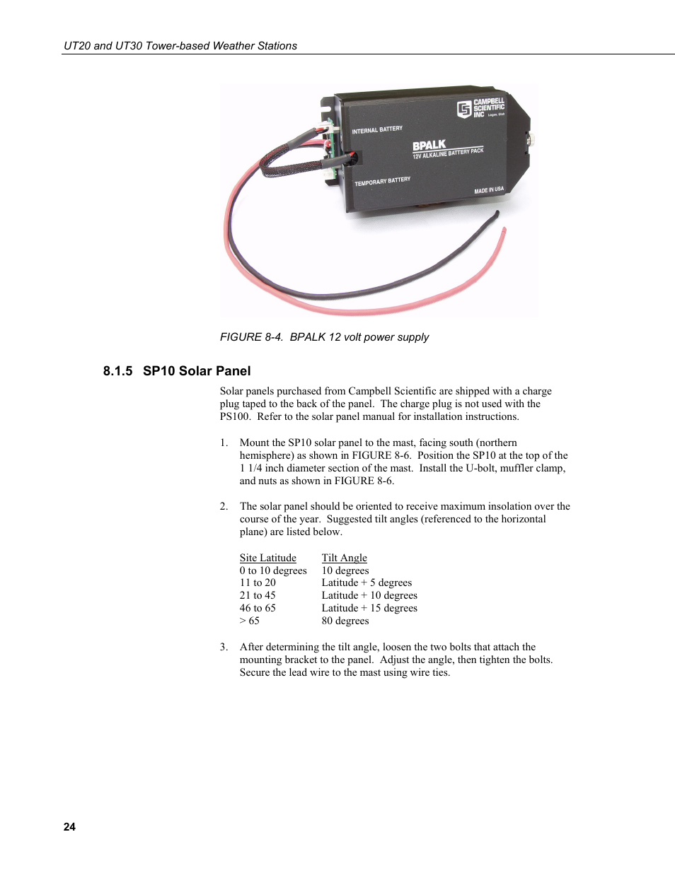 5 sp10 solar panel, Sp10 solar panel, 4. bpalk 12 volt power supply | Figure | Campbell Scientific UT20 and UT30 Tower-based Weather Stations User Manual | Page 34 / 74