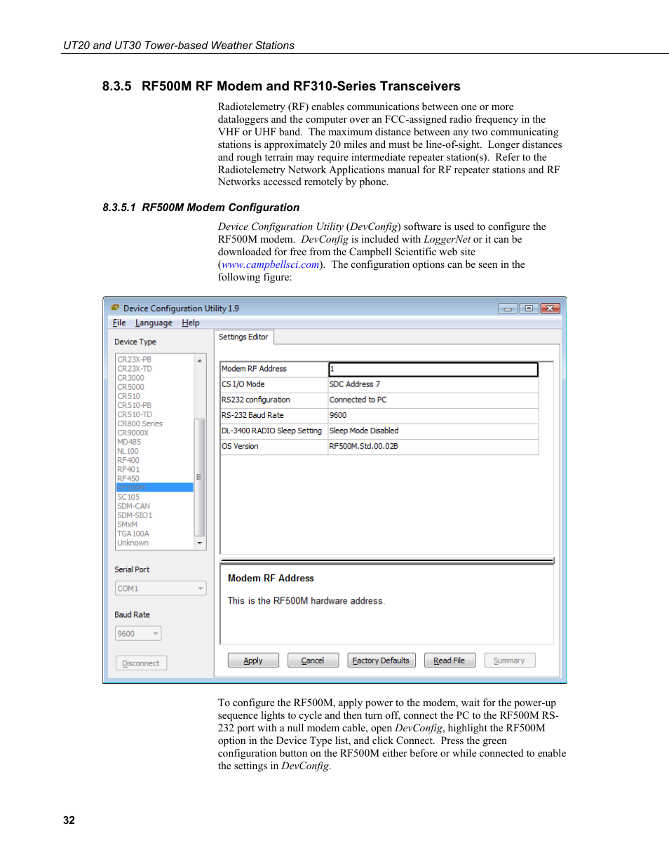 5 rf500m rf modem and rf310-series transceivers, 1 rf500m modem configuration, Rf500m rf modem and rf310-series transceivers | Rf500m modem configuration | Campbell Scientific UT20 and UT30 Tower-based Weather Stations User Manual | Page 42 / 74