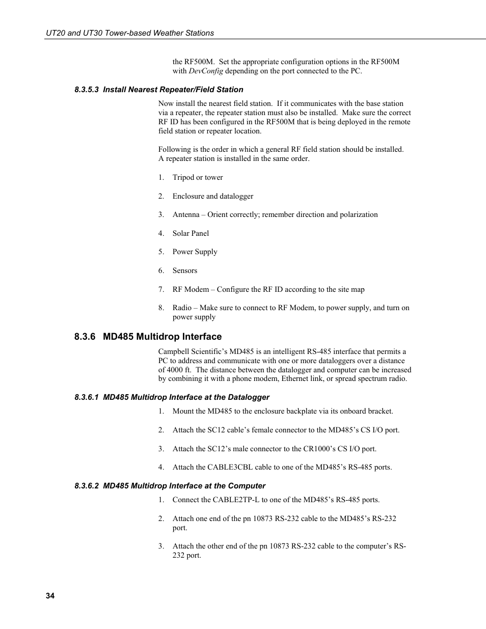 3 install nearest repeater/field station, 6 md485 multidrop interface, 1 md485 multidrop interface at the datalogger | 2 md485 multidrop interface at the computer, Install nearest repeater/field station, Md485 multidrop interface, Md485 multidrop interface at the datalogger, Md485 multidrop interface at the computer | Campbell Scientific UT20 and UT30 Tower-based Weather Stations User Manual | Page 44 / 74