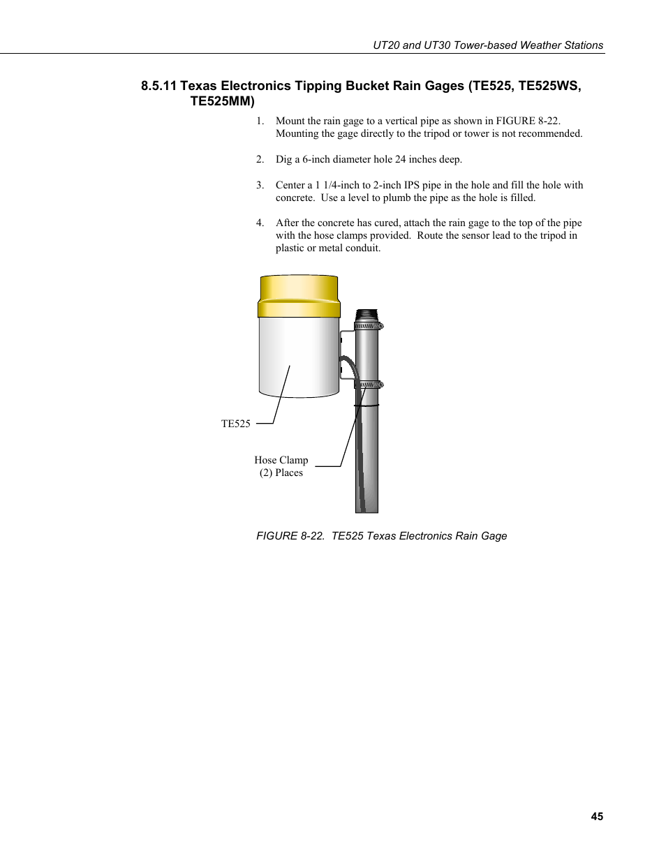 Texas electronics tipping bucket rain gages (te525, Te525ws, te525mm), 22. te525 texas electronics rain gage | Campbell Scientific UT20 and UT30 Tower-based Weather Stations User Manual | Page 55 / 74