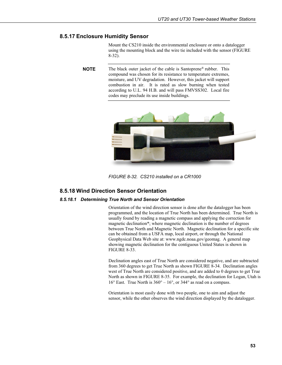 17 enclosure humidity sensor, 18 wind direction sensor orientation, 1 determining true north and sensor orientation | Enclosure humidity sensor, Wind direction sensor orientation, Determining true north and sensor orientation, 32. cs210 installed on a cr1000 | Campbell Scientific UT20 and UT30 Tower-based Weather Stations User Manual | Page 63 / 74