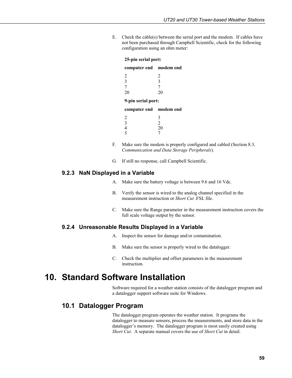 3 nan displayed in a variable, 4 unreasonable results displayed in a variable, Standard software installation | 1 datalogger program, Nan displayed in a variable, Unreasonable results displayed in a variable, Datalogger program | Campbell Scientific UT20 and UT30 Tower-based Weather Stations User Manual | Page 69 / 74