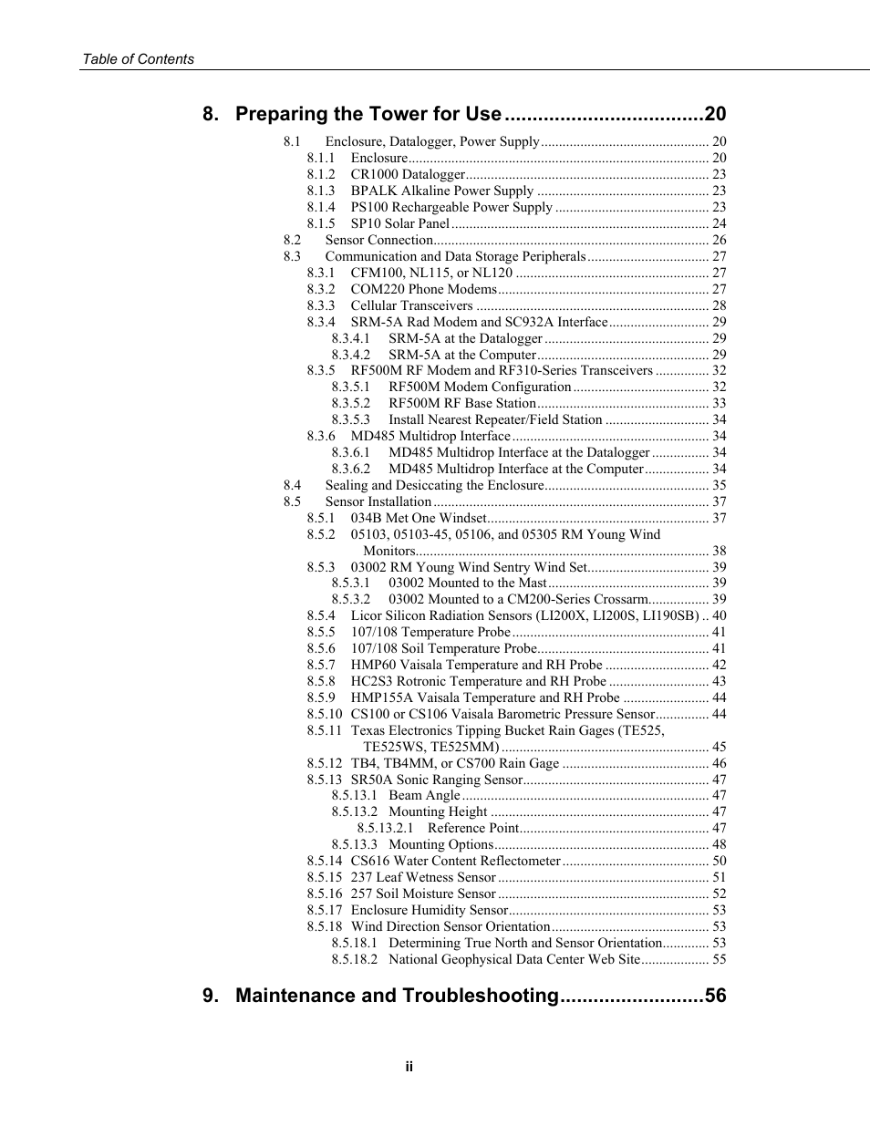 Preparing the tower for use, Maintenance and troubleshooting | Campbell Scientific UT20 and UT30 Tower-based Weather Stations User Manual | Page 8 / 74