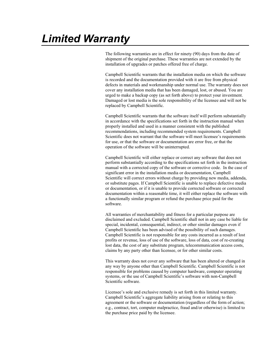 Limited warranty | Campbell Scientific VisualWeather Software User Manual | Page 5 / 78