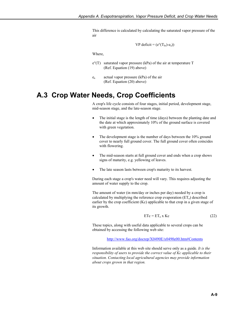 A.3 crop water needs, crop coefficients | Campbell Scientific VisualWeather Software User Manual | Page 63 / 78