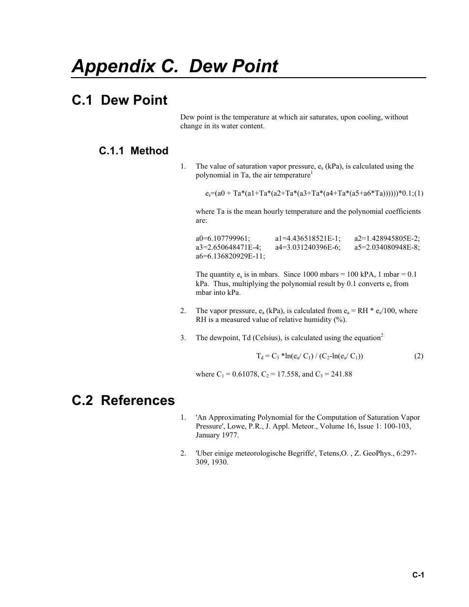 Appendix c. dew point, C.1 dew point, C.1.1 method | C.2 references | Campbell Scientific VisualWeather Software User Manual | Page 69 / 78