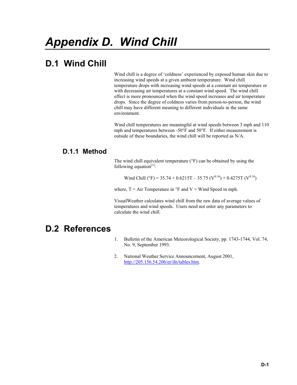 Appendix d. wind chill, D.1 wind chill, D.1.1 method | D.2 references | Campbell Scientific VisualWeather Software User Manual | Page 71 / 78