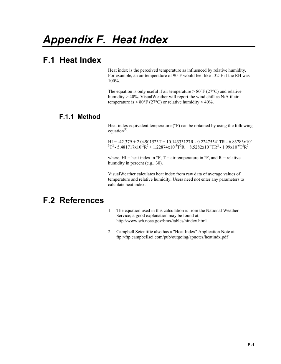 Appendix f. heat index, F.1 heat index, F.1.1 method | F.2 references | Campbell Scientific VisualWeather Software User Manual | Page 75 / 78