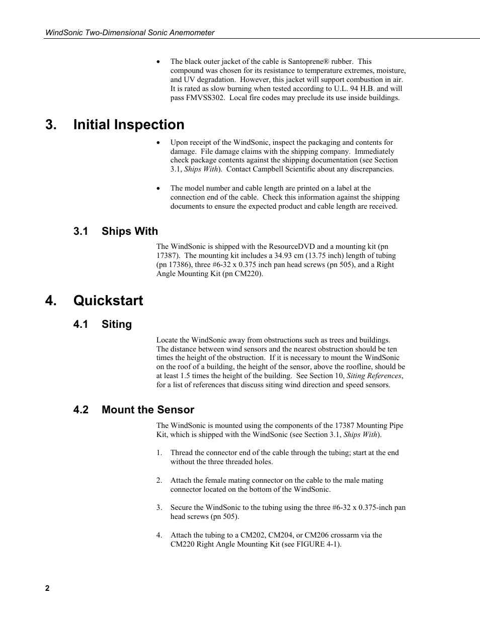 Initial inspection, 1 ships with, Quickstart | 1 siting, 2 mount the sensor, Ships with, Siting, Mount the sensor | Campbell Scientific WINDSONIC 2-D Sonic Wind Sensors User Manual | Page 10 / 46