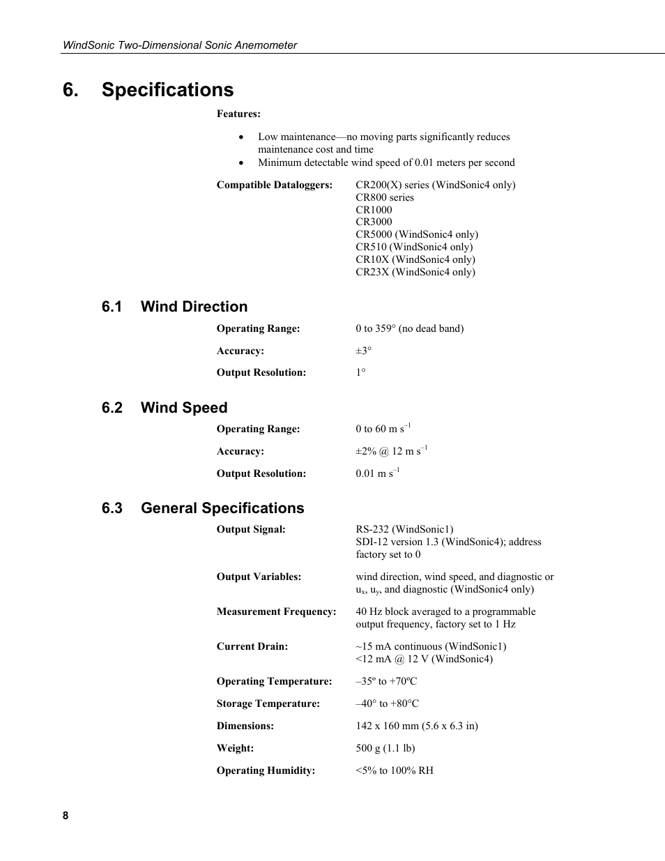 Specifications, 1 wind direction, 2 wind speed | 3 general specifications, Wind direction, Wind speed, General specifications | Campbell Scientific WINDSONIC 2-D Sonic Wind Sensors User Manual | Page 16 / 46