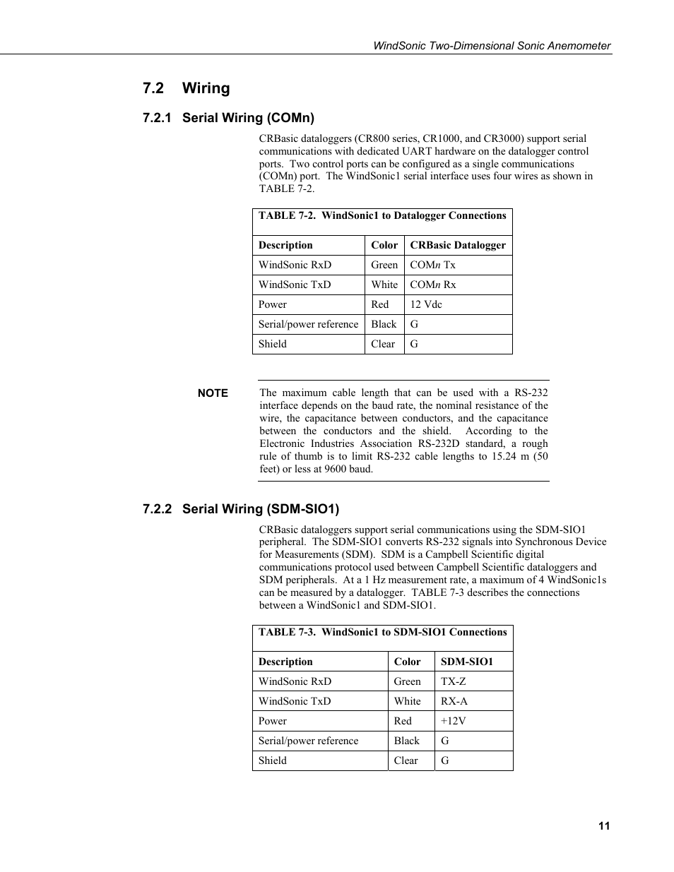 2 wiring, 1 serial wiring (comn), 2 serial wiring (sdm-sio1) | Wiring, Serial wiring (comn), Serial wiring (sdm-sio1), 2. windsonic1 to datalogger connections, 3. windsonic1 to sdm-sio1 connections | Campbell Scientific WINDSONIC 2-D Sonic Wind Sensors User Manual | Page 19 / 46