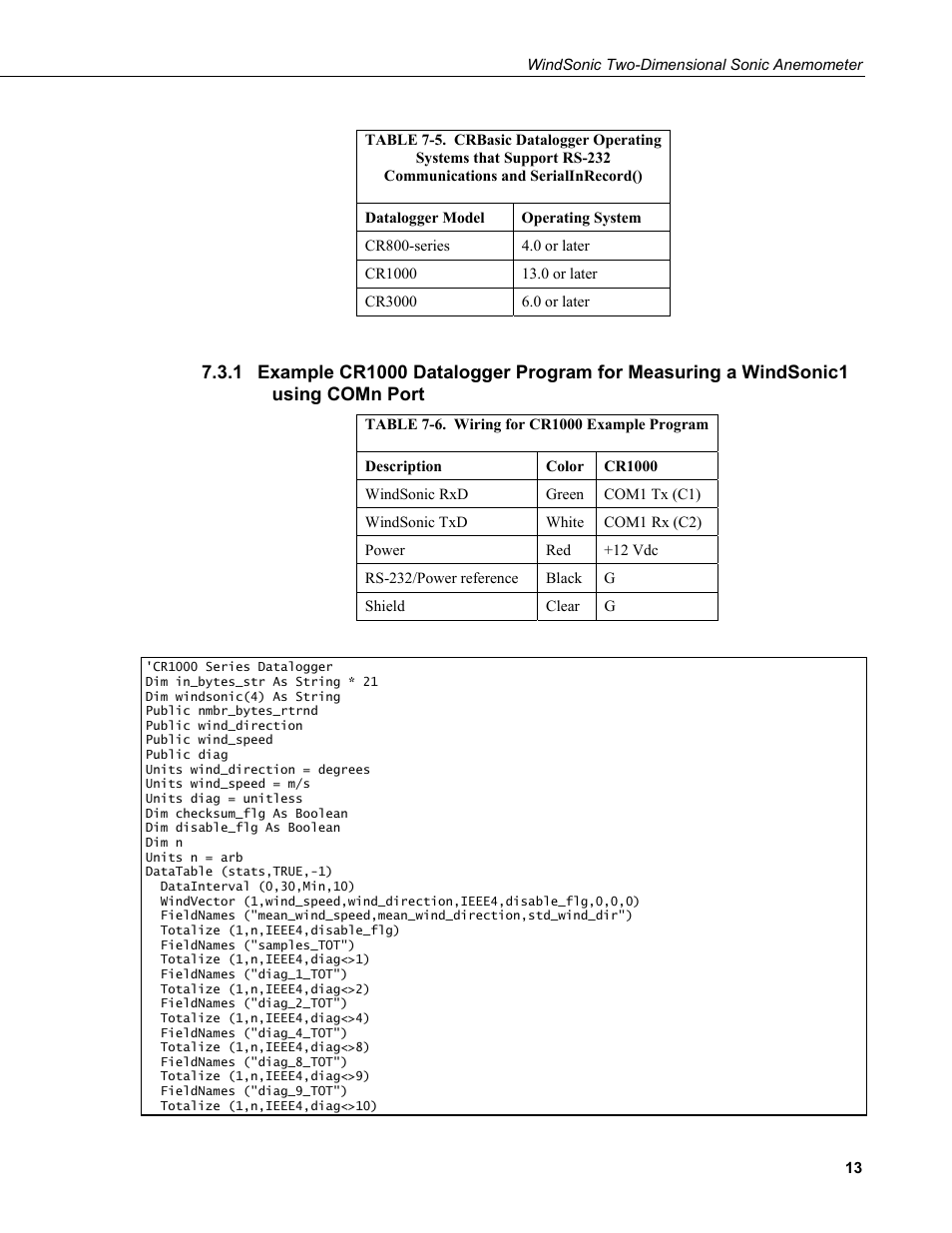 Example cr1000 datalogger program for measuring a, Windsonic1 using comn port, Communications and serialinrecord() | 6. wiring, Cr1000 example program | Campbell Scientific WINDSONIC 2-D Sonic Wind Sensors User Manual | Page 21 / 46