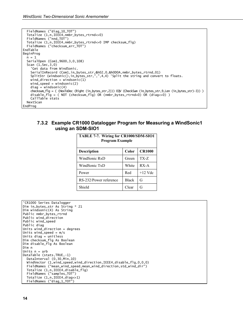 Example cr1000 datalogger program for measuring a, Windsonic1 using an sdm-sio1, 7. wiring for cr1000/sdm-sio1 program example | Campbell Scientific WINDSONIC 2-D Sonic Wind Sensors User Manual | Page 22 / 46
