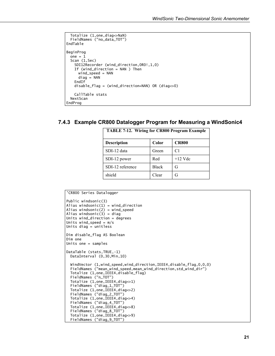 Example cr800 datalogger program for measuring a, Windsonic4, 12. wiring | Cr800 program example | Campbell Scientific WINDSONIC 2-D Sonic Wind Sensors User Manual | Page 29 / 46