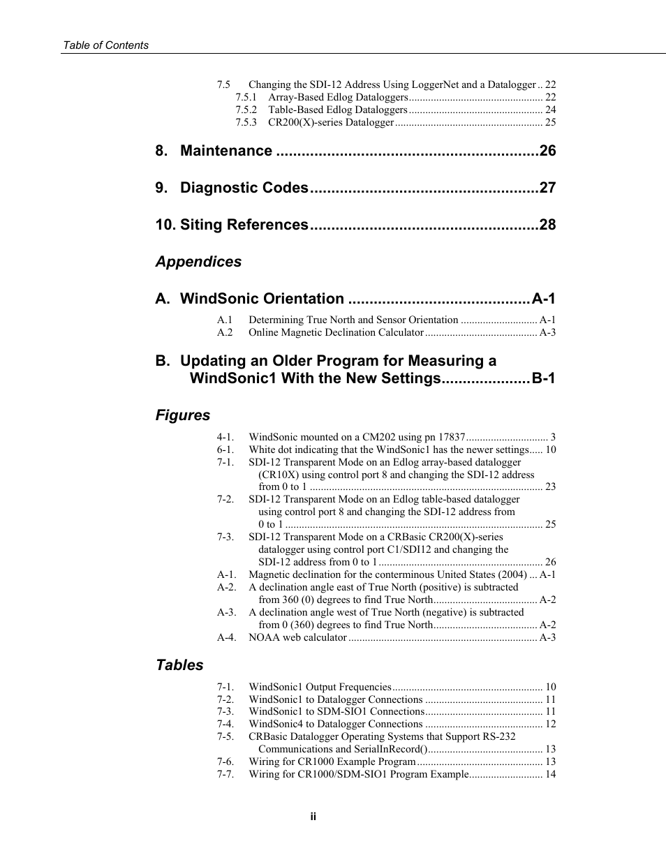 Maintenance, Diagnostic codes, Siting references | Appendices a, Figures, Tables | Campbell Scientific WINDSONIC 2-D Sonic Wind Sensors User Manual | Page 6 / 46