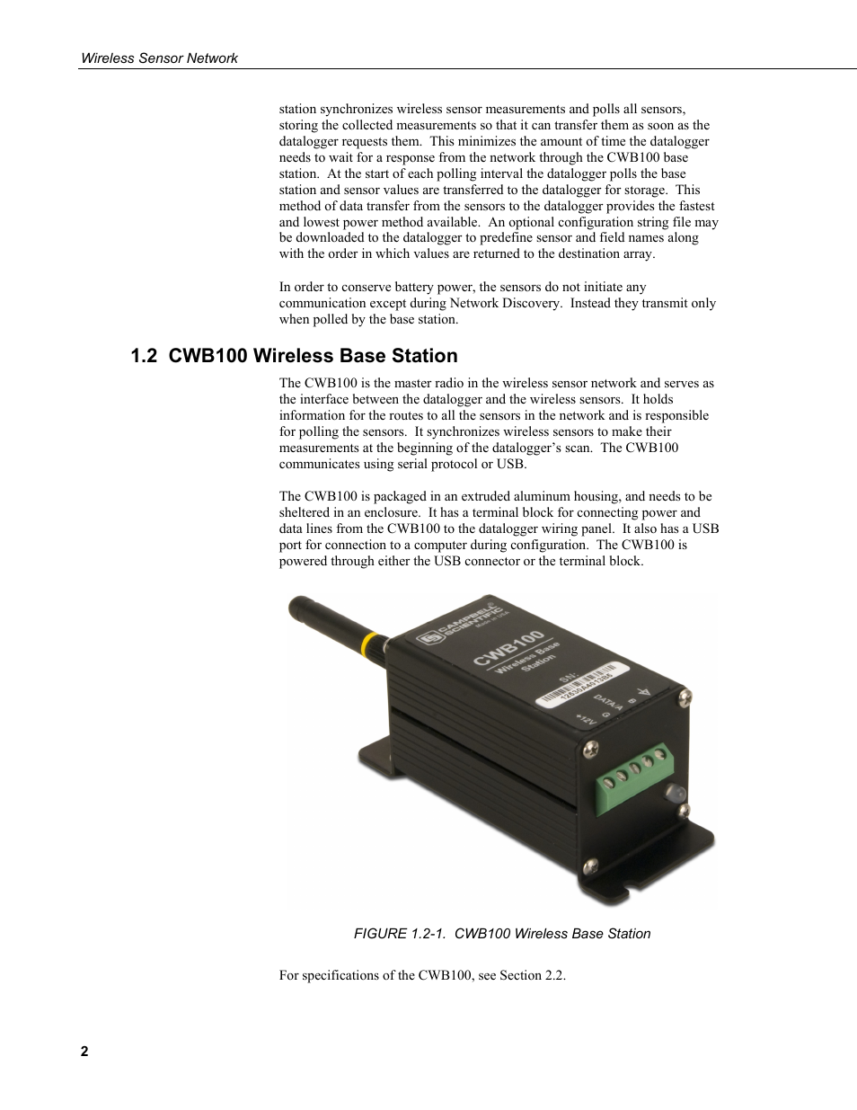 2 cwb100 wireless base station | Campbell Scientific Wireless Sensor Network (CWB100, CWS220, and CWS900) User Manual | Page 10 / 70