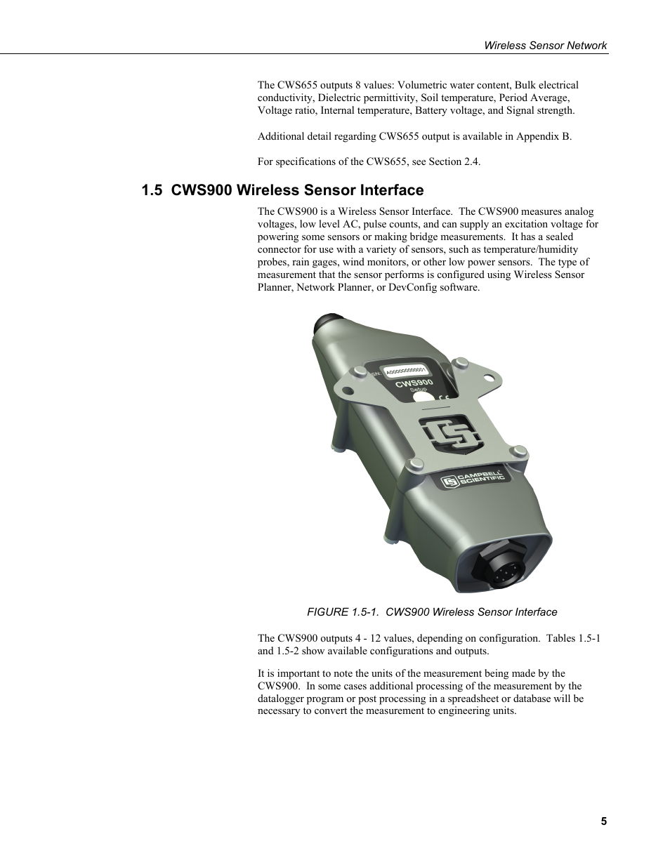 5 cws900 wireless sensor interface | Campbell Scientific Wireless Sensor Network (CWB100, CWS220, and CWS900) User Manual | Page 13 / 70