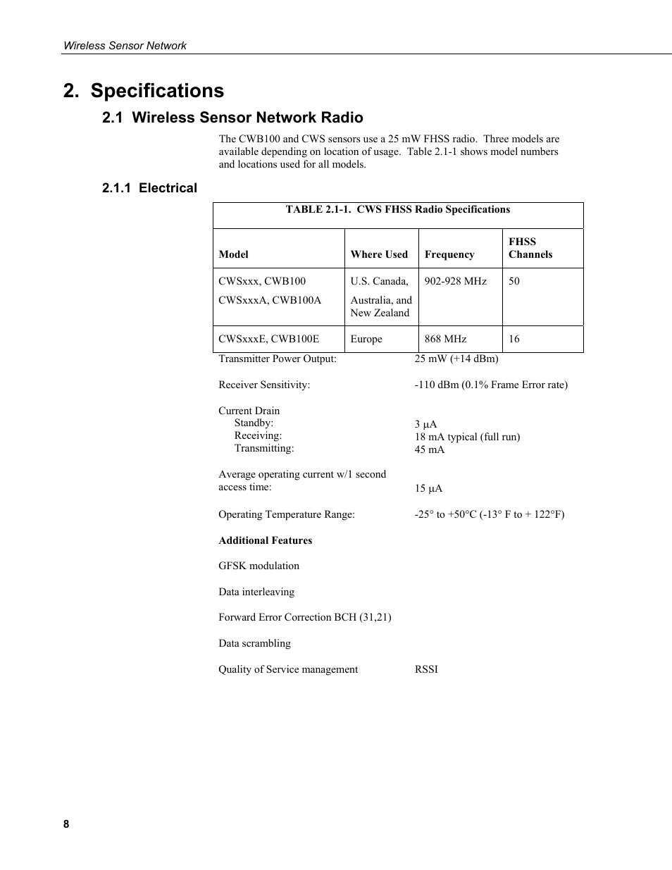 Specifications, 1 wireless sensor network radio, 1 electrical | Campbell Scientific Wireless Sensor Network (CWB100, CWS220, and CWS900) User Manual | Page 16 / 70