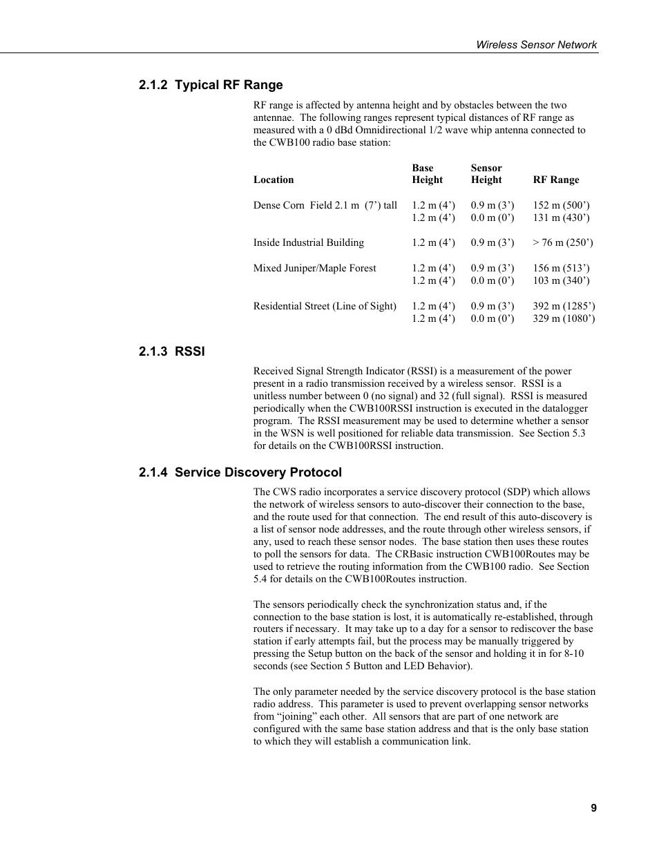 2 typical rf range, 3 rssi, 4 service discovery protocol | Campbell Scientific Wireless Sensor Network (CWB100, CWS220, and CWS900) User Manual | Page 17 / 70