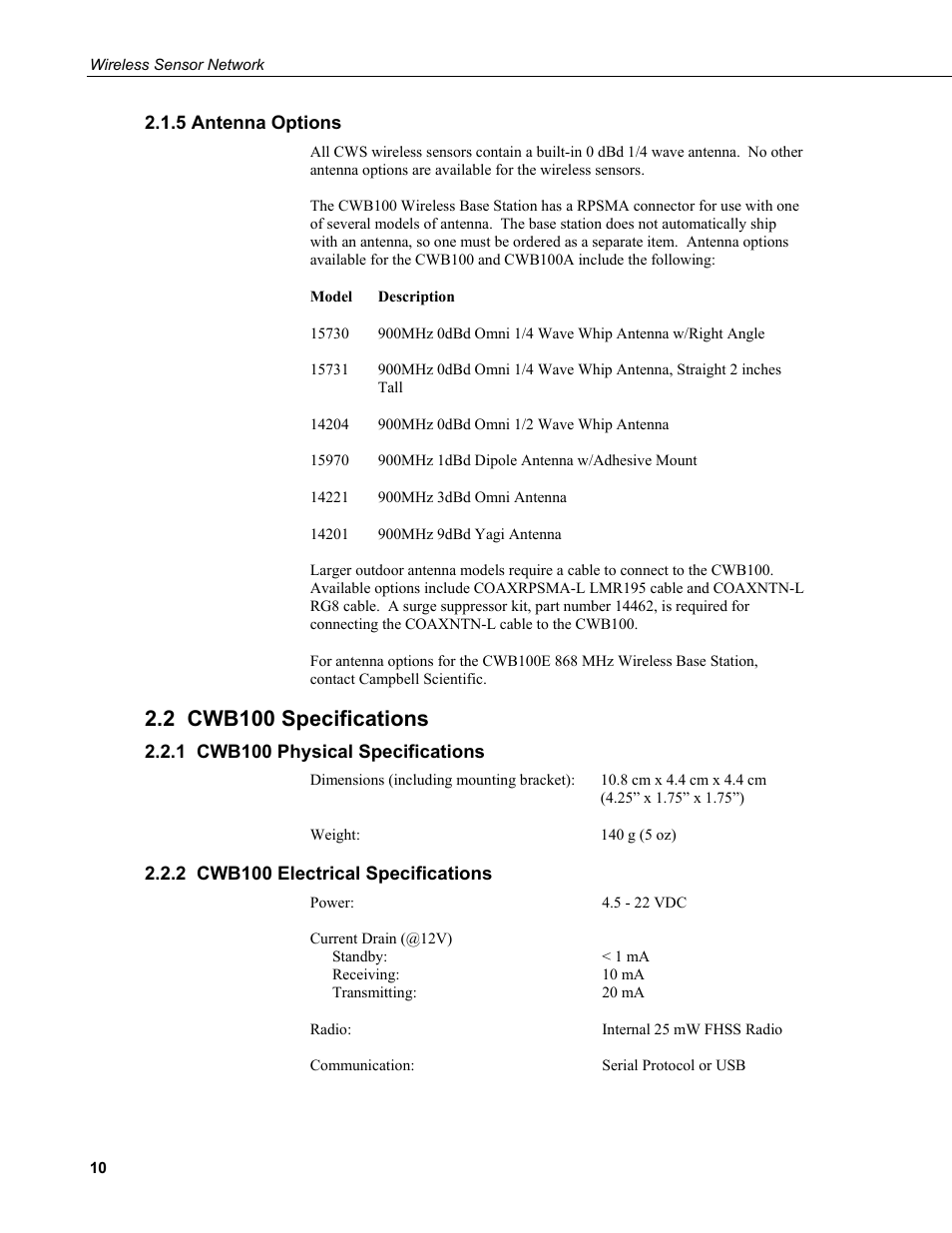 5 antenna options, 2 cwb100 specifications, 1 cwb100 physical specifications | 2 cwb100 electrical specifications | Campbell Scientific Wireless Sensor Network (CWB100, CWS220, and CWS900) User Manual | Page 18 / 70