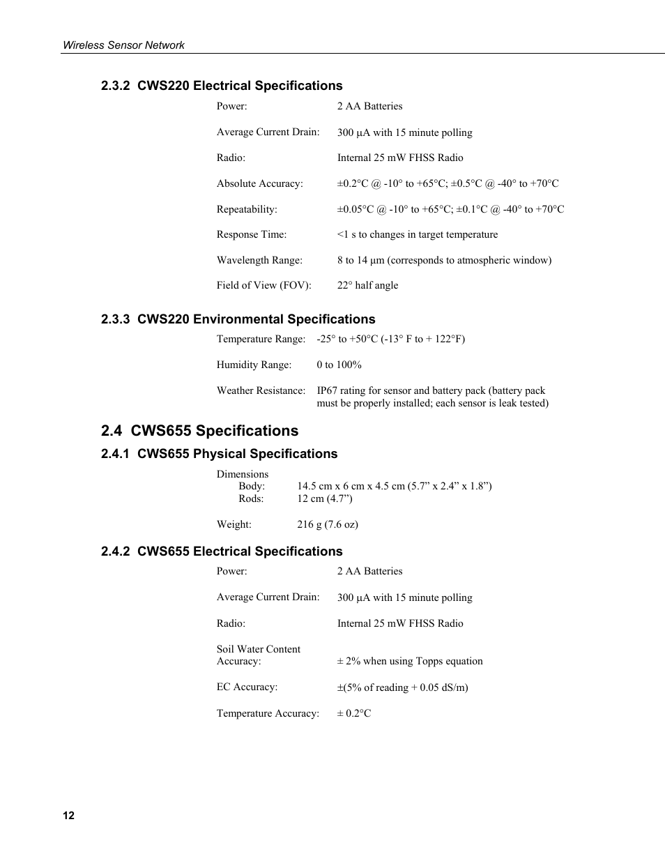 2 cws220 electrical specifications, 3 cws220 environmental specifications, 4 cws655 specifications | 1 cws655 physical specifications, 2 cws655 electrical specifications | Campbell Scientific Wireless Sensor Network (CWB100, CWS220, and CWS900) User Manual | Page 20 / 70