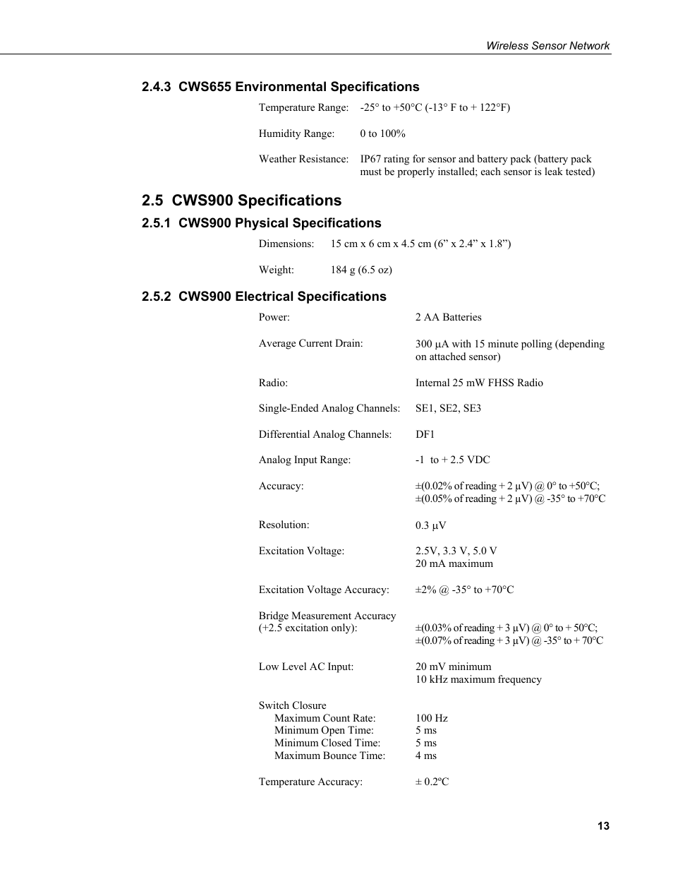 3 cws655 environmental specifications, 5 cws900 specifications, 1 cws900 physical specifications | 2 cws900 electrical specifications | Campbell Scientific Wireless Sensor Network (CWB100, CWS220, and CWS900) User Manual | Page 21 / 70
