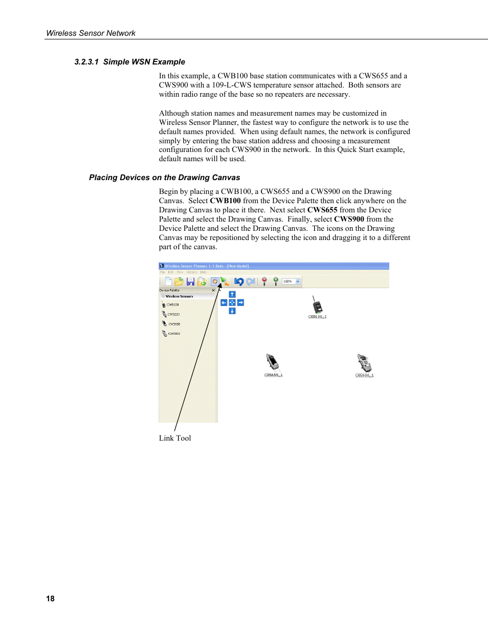 1 simple wsn example, Placing devices on the drawing canvas | Campbell Scientific Wireless Sensor Network (CWB100, CWS220, and CWS900) User Manual | Page 26 / 70