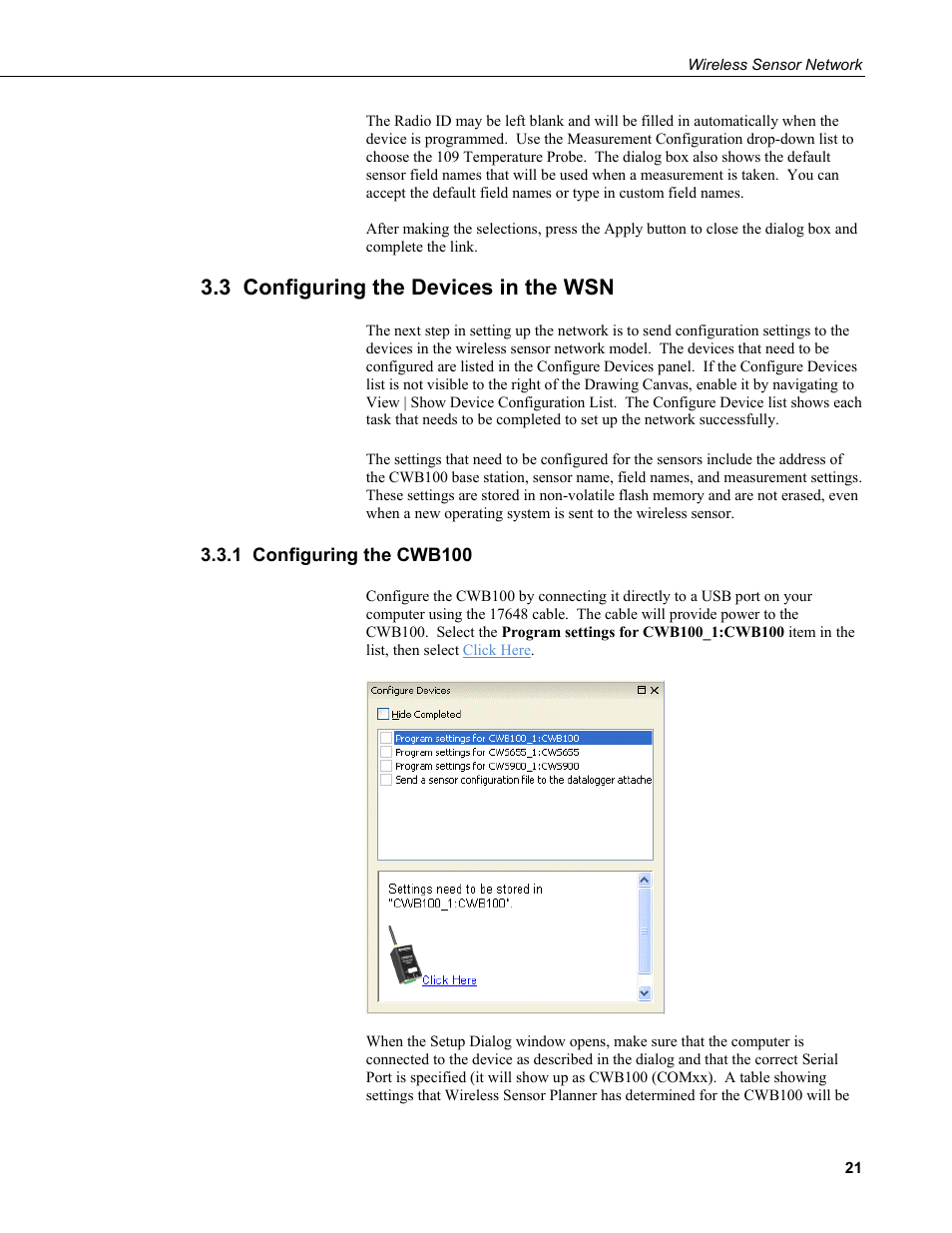 3 configuring the devices in the wsn, 1 configuring the cwb100 | Campbell Scientific Wireless Sensor Network (CWB100, CWS220, and CWS900) User Manual | Page 29 / 70