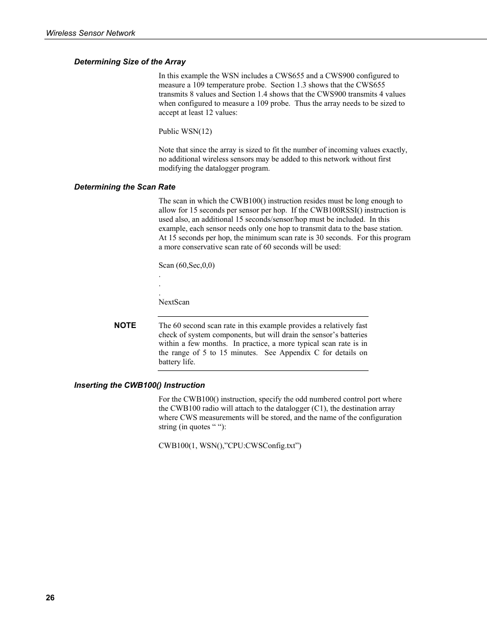 Determining size of the array, Determining the scan rate, Inserting the cwb100() instruction | Campbell Scientific Wireless Sensor Network (CWB100, CWS220, and CWS900) User Manual | Page 34 / 70