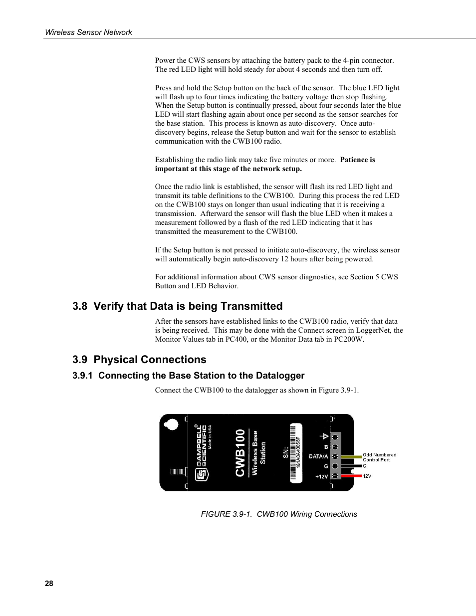 8 verify that data is being transmitted, 9 physical connections, 1 connecting the base station to the datalogger | Campbell Scientific Wireless Sensor Network (CWB100, CWS220, and CWS900) User Manual | Page 36 / 70