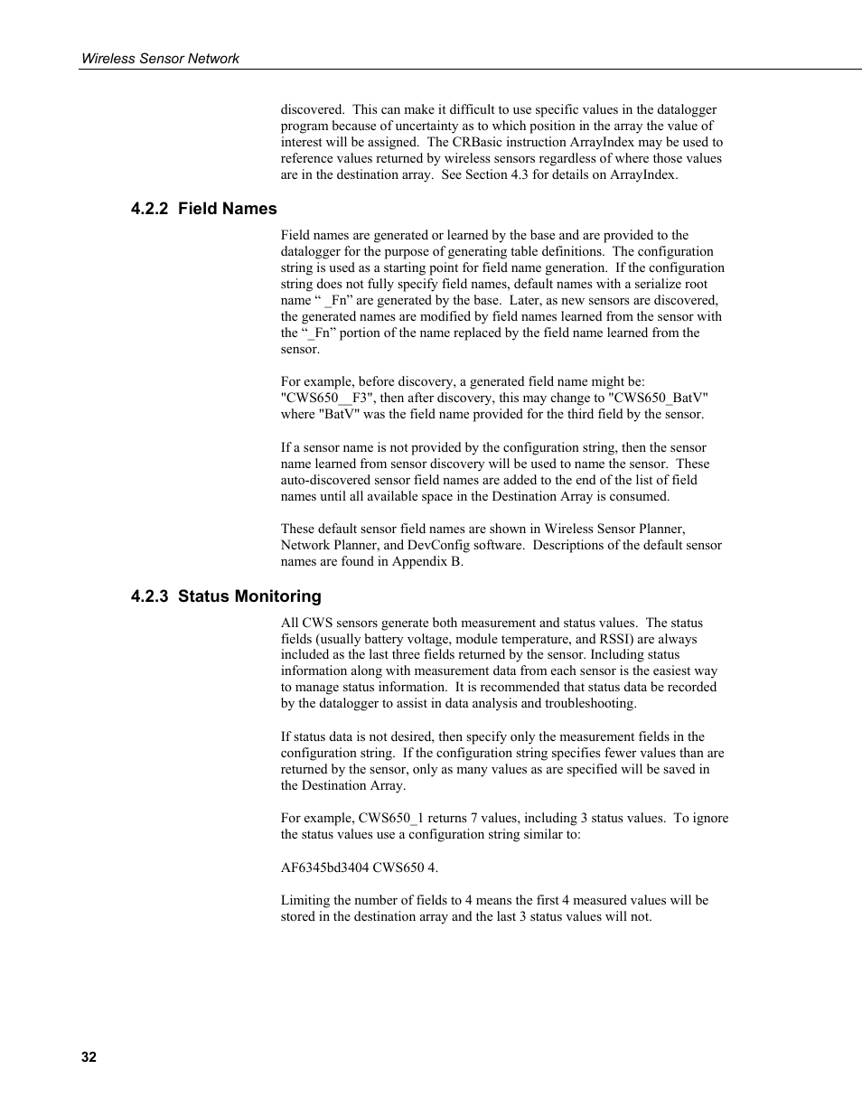 2 field names, 3 status monitoring | Campbell Scientific Wireless Sensor Network (CWB100, CWS220, and CWS900) User Manual | Page 40 / 70