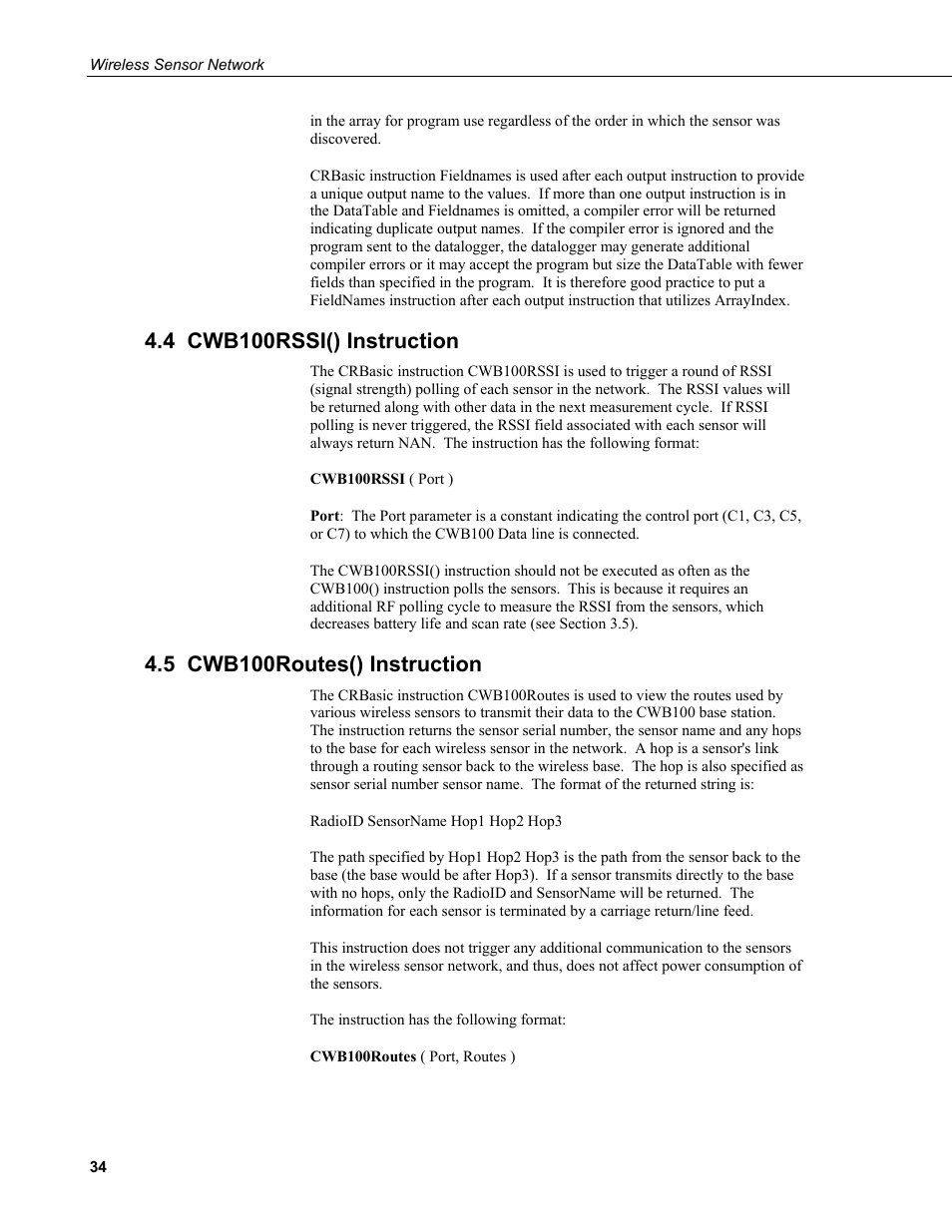 4 cwb100rssi() instruction, 5 cwb100routes() instruction | Campbell Scientific Wireless Sensor Network (CWB100, CWS220, and CWS900) User Manual | Page 42 / 70
