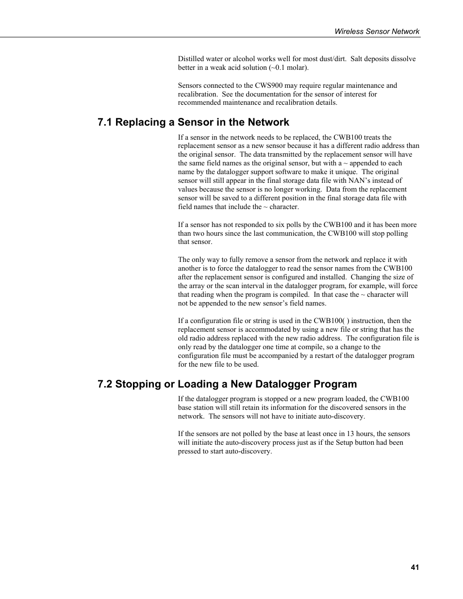 1 replacing a sensor in the network, 2 stopping or loading a new datalogger program | Campbell Scientific Wireless Sensor Network (CWB100, CWS220, and CWS900) User Manual | Page 49 / 70