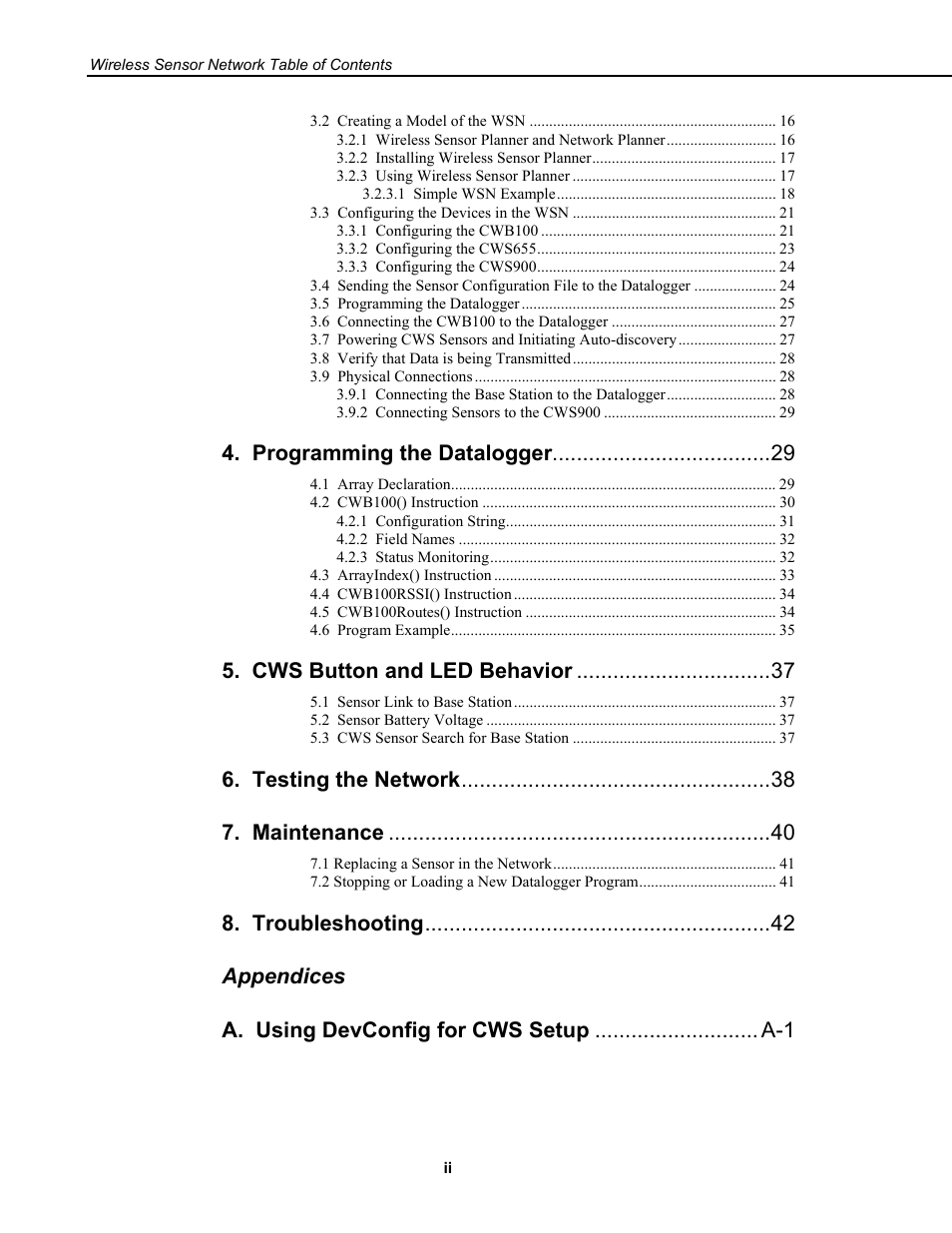 Programming the datalogger, Cws button and led behavior, Testing the network 7. maintenance | Campbell Scientific Wireless Sensor Network (CWB100, CWS220, and CWS900) User Manual | Page 6 / 70