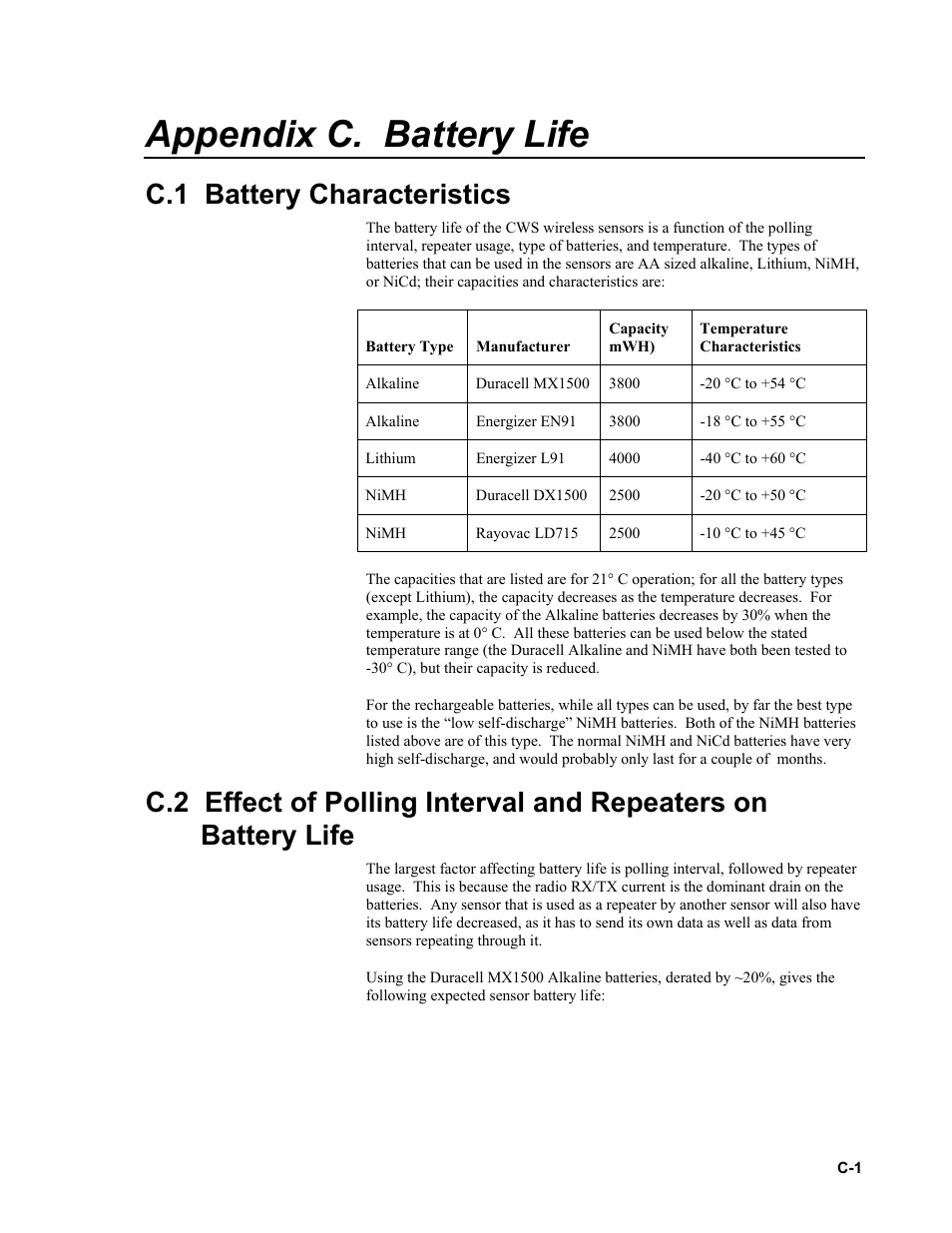 Appendix c. battery life, C.1 battery characteristics | Campbell Scientific Wireless Sensor Network (CWB100, CWS220, and CWS900) User Manual | Page 65 / 70