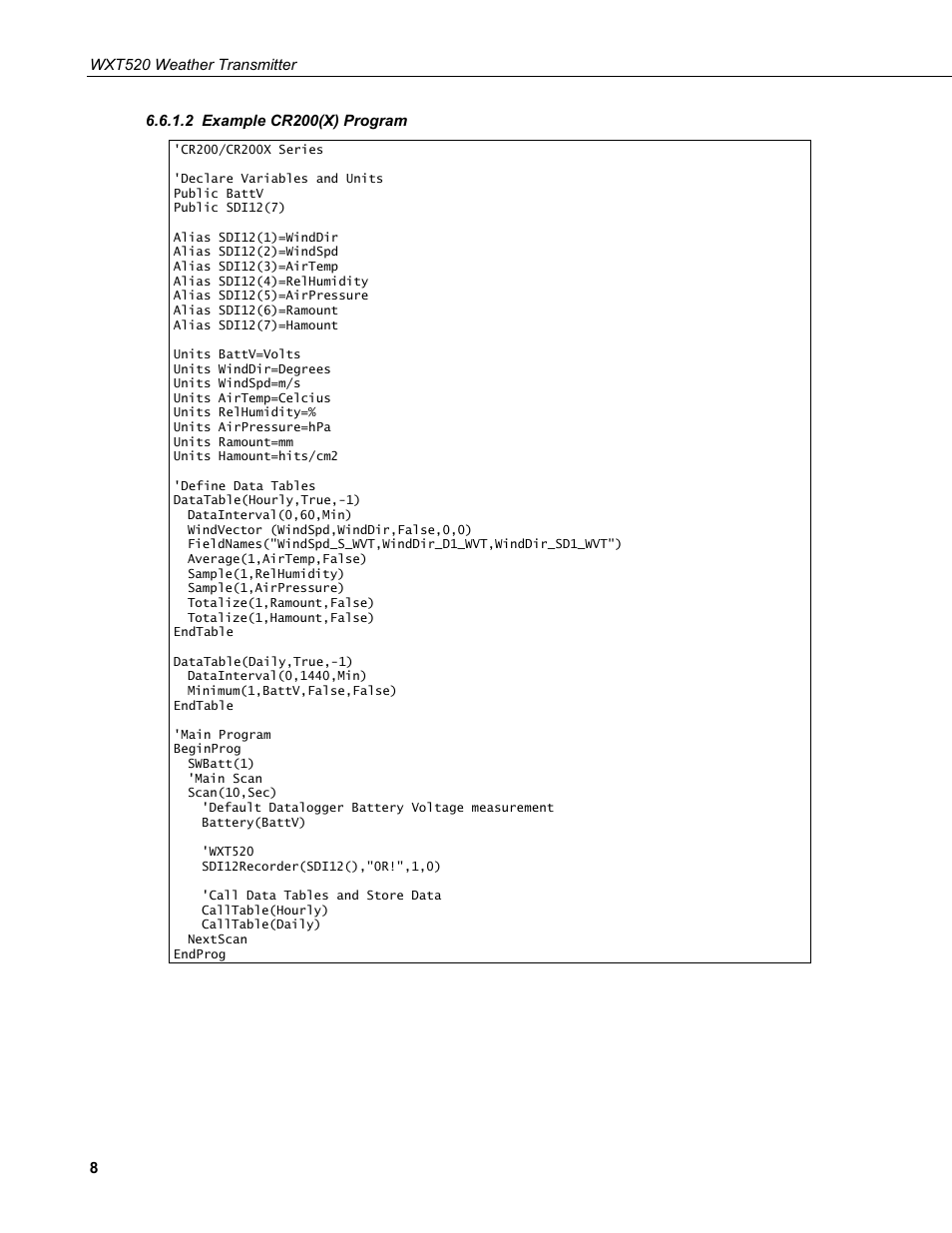 2 example cr200(x) program, Example cr200(x) program | Campbell Scientific WXT520 Weather Transmitter User Manual | Page 14 / 22