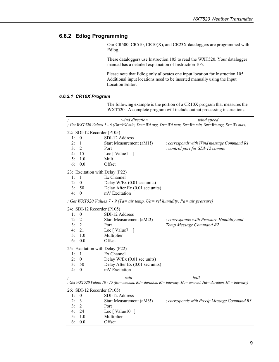 2 edlog programming, 1 cr10x program, Edlog programming | Cr10x program | Campbell Scientific WXT520 Weather Transmitter User Manual | Page 15 / 22