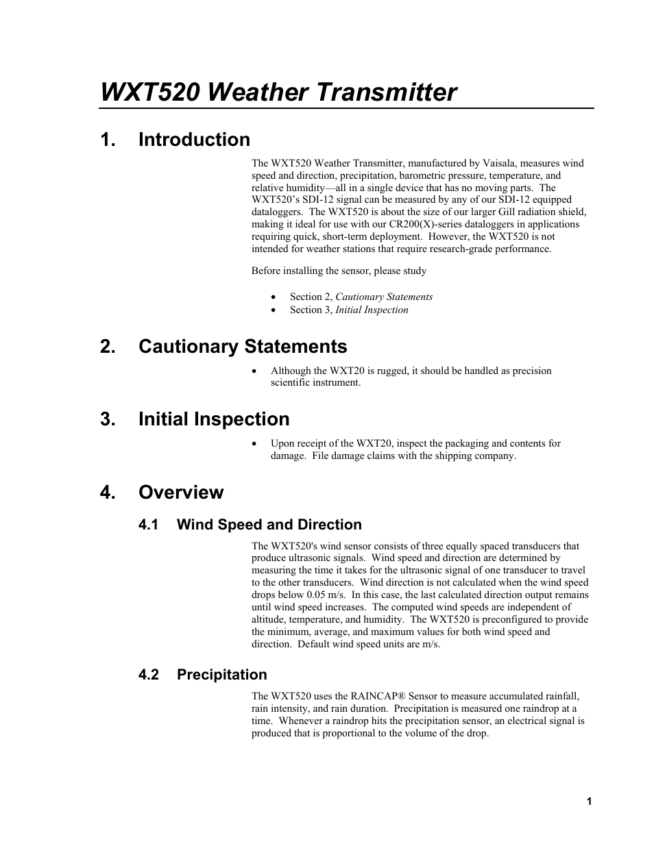 Introduction, Cautionary statements, Initial inspection | Overview, 1 wind speed and direction, 2 precipitation, Wind speed and direction, Precipitation, Wxt520 weather transmitter | Campbell Scientific WXT520 Weather Transmitter User Manual | Page 7 / 22