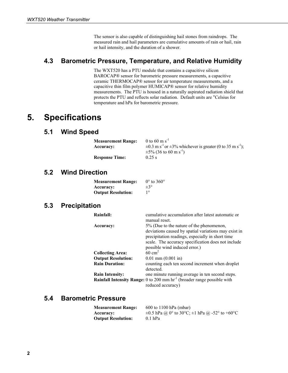 Specifications, 1 wind speed, 2 wind direction | 3 precipitation, 4 barometric pressure, Wind speed, Wind direction, Precipitation, Barometric pressure | Campbell Scientific WXT520 Weather Transmitter User Manual | Page 8 / 22