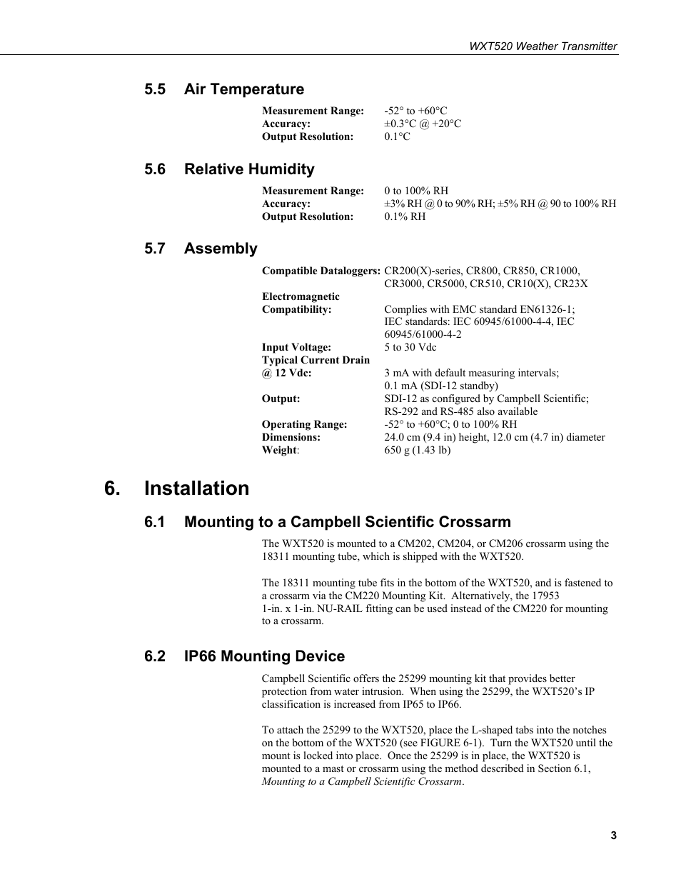 5 air temperature, 6 relative humidity, 7 assembly | Installation, 1 mounting to a campbell scientific crossarm, 2 ip66 mounting device, Air temperature, Relative humidity, Assembly, Mounting to a campbell scientific crossarm | Campbell Scientific WXT520 Weather Transmitter User Manual | Page 9 / 22