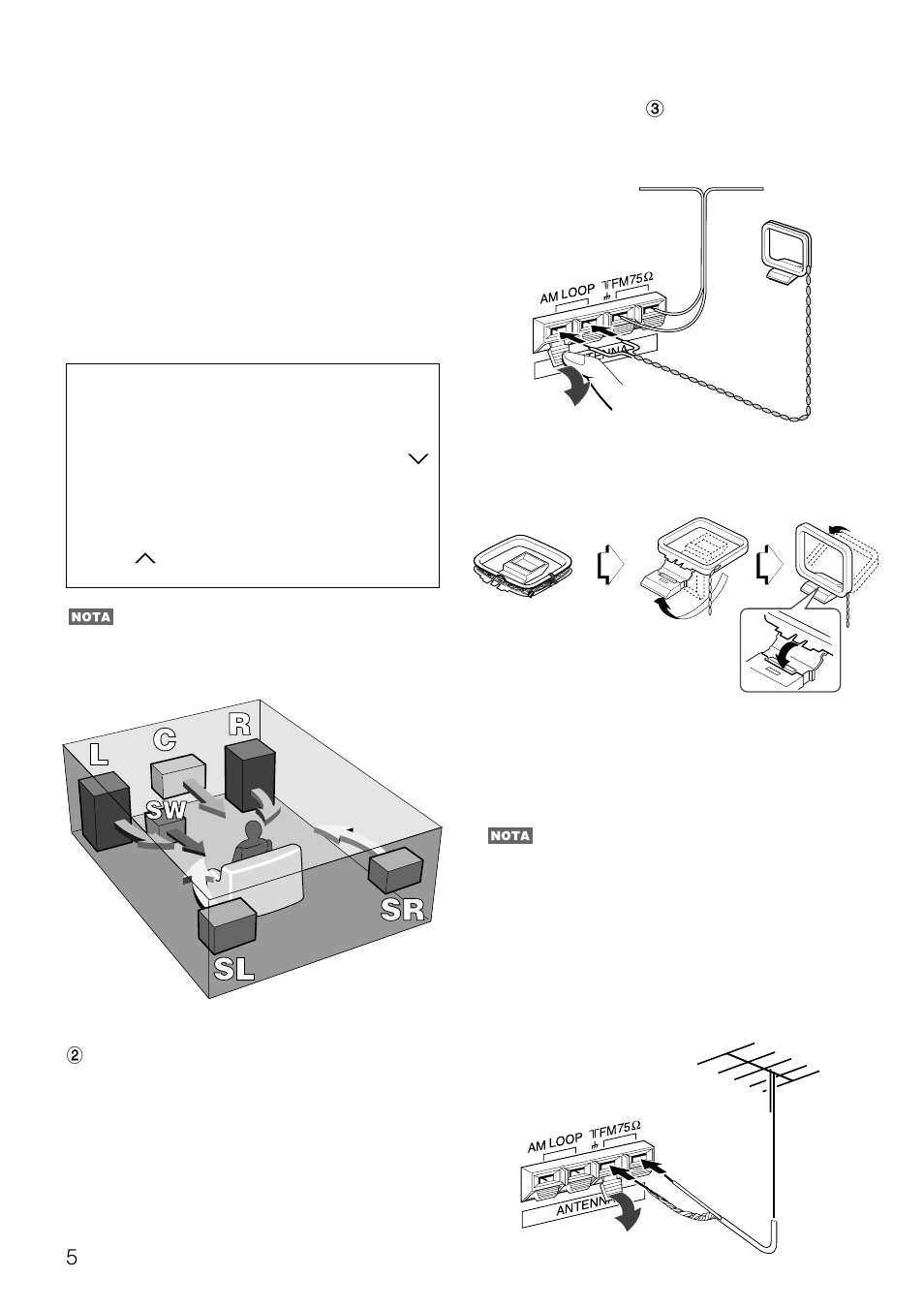 Conexion de las antenas suministradas 3, Conexion de una antena exterior, Ubicacion de los altavoces | Uso de las tomas de ca de la unidad 2 | Aiwa AV-D97 User Manual | Page 37 / 80