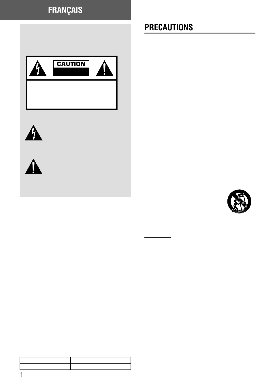 Français, Precautions, Avertissement | Installation, Electricité | Aiwa AV-D97 User Manual | Page 57 / 80