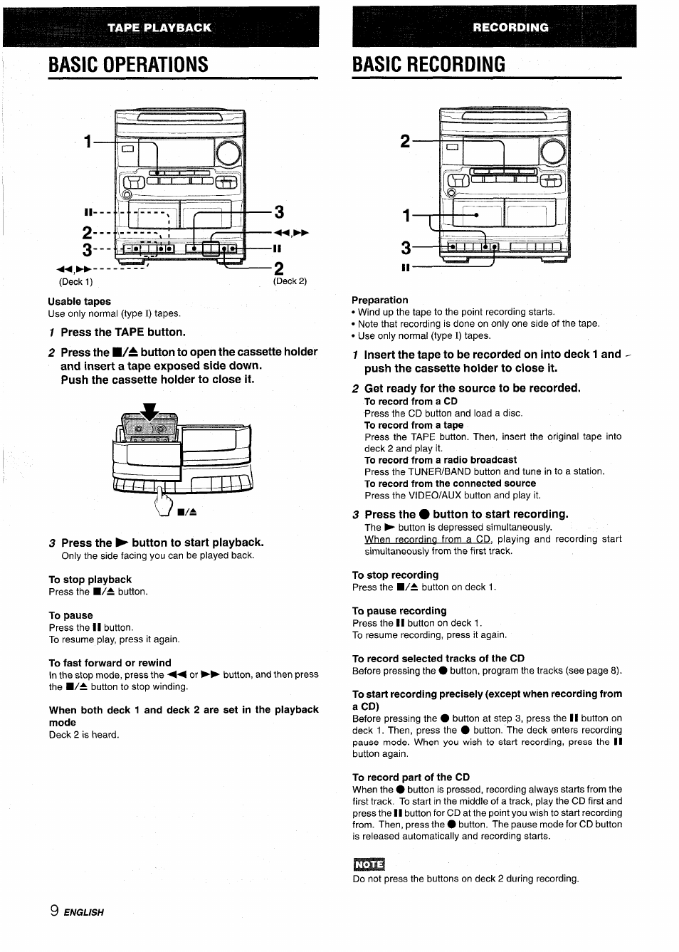 Basic operations, Basic recording, Usable tapes | 1 press the tape button, Push the cassette hoider to close it, 3 press the ^ button to start piayback, To stop playback, To pause, To fast forward or rewind, Preparation | Aiwa NSX-V2100 User Manual | Page 10 / 52